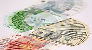 Cash, russian rouble, euro and dollar