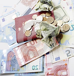 Cash on table isolated: dollars, euro, rubl broken money. All in mess, global crisis concept