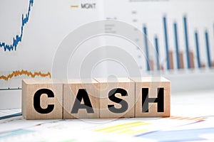 CASH word concept written on wooden cube blocks lying on a light table and light blue background