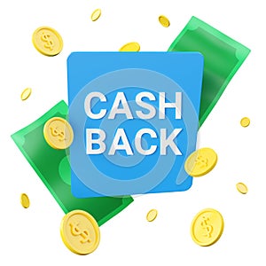 Cashback 3d render icon and money back offer icon. Discount card illustration. Return banner concept, rebate badge