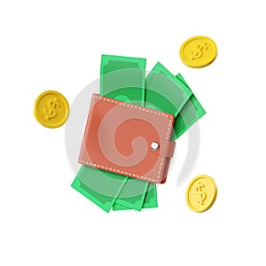 Cashback 3d render illustration, cash with wallet, money back transfer concept and finance reward. Business profit icon