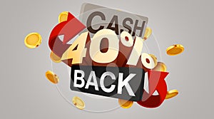 Cashback 40 percent icon isolated on the gray background. Cashback or money back label.