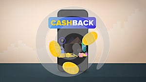 Cashback banner. Gold coins fall near the phone. The concept of earnings. Financial chart. Vector