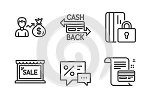 Cashback card, Sallary and Blocked card icons set. Sale, Discounts signs. Money payment, Person earnings. Vector photo