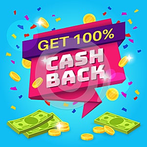 Cashback concept. Money refund label, retail guarantee offers. Online return money from purchases finance savings reward photo