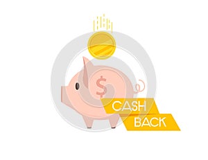 Cashback concept pink piggy bank with falling gold coin vector illustration on white background