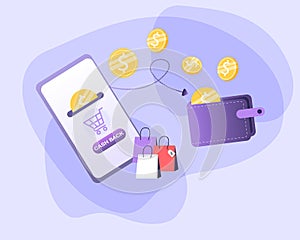Cashback concept vector illustration. Saving money. Money refund. Pile coins and phone with button cashback.