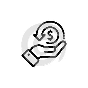 Cashback icon, return money, cash back rebate. Hand hold coin. E commerce and marketing. Vector on isolated white background. EPS