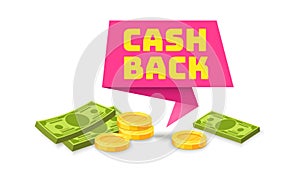 Cashback label. Cash symbol of saving refund money for shop sale vector sticker with ribbon