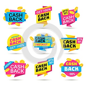 Cashback labels. Cash back banners, return money from purchases, money refund badges, business warranty colorful vector