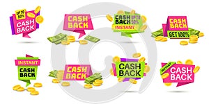 Cashback labels. Colorful cash back icons, money refund badges with coins and banknotes. Return money from shopping