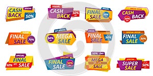 Cashback labels set. Color stickers with cash back text tag. Promotion marketing elements. Super mega sale, discount