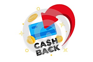 Cashback loyalty program concept. Credit or debit card with returned coins to bank account. Refund money after purchase