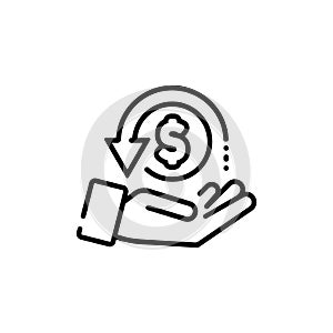 Cashback, return money, cash back rebate line icon. Salary exchange, hand holding dollar. Financial investment symbol. Vector on