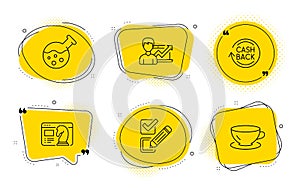 Cashback, Seo strategy and Success business icons set. Chemistry lab, Checkbox and Espresso signs. Vector