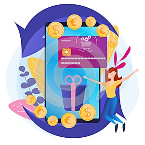 Cashback service. Vector illustration of financial services, money back.