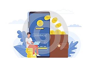 Cashback. Small people and big items coins, huge smartphone and purse, ewallet mobile app, banking cashback for buyer