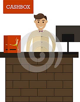 Cashbox with cahier at desk counter vector icon isolated on white