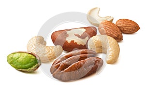 Cashew, almond, pecan, pistachio and brazil nut isolated on white background. Nuts in line