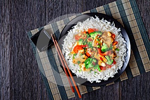 Cashew chicken with vegetables stir-fry, top view