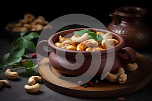 Cashew curry indian kaju masala food served in bowl. Generate Ai photo