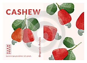 Cashew fruit packaging design templates, watercolour style vector illustration.