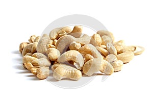 Cashew nut heap isolated on white background. Cashew nuts, perfect for snacking