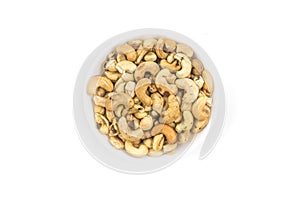 Cashew nuts in a bowl. Top view