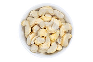 Cashew nuts cashews from above bowl isolated on white