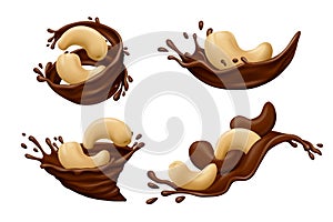 Cashew nuts in chocolate splashes isolated on white background