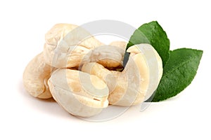 Cashew nuts with leaf isolated on white background. macro