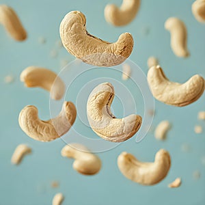 Cashew nuts and pieces flying on light blue background. Samle for design