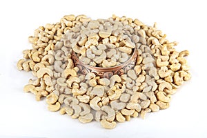 Cashew nuts on white background. Cashew nuts in copper bowl isolated on white background. background of organic cashew nuts,