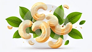 Cashews and Green Leaves on White Background