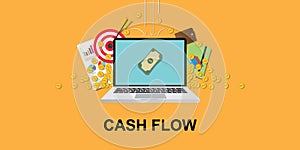 Cashflow concept illustration with laptop and money om screen with gold coin