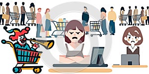Cashier angry face shopping cart clown trumpet vector graphics illustration