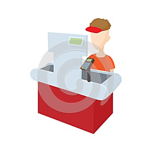 Cashier behind cash register icon, cartoon style