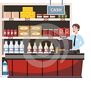 Cashier behind the cashier counter in the interior supermarket, shop, store, shelves food products, goods. Vector