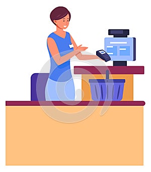 Cashier checkout. Woman hold card payment terminal