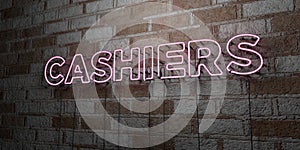 CASHIERS - Glowing Neon Sign on stonework wall - 3D rendered royalty free stock illustration