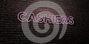 CASHIERS -Realistic Neon Sign on Brick Wall background - 3D rendered royalty free stock image