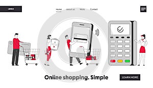Cashless Paying Website Landing Page. Customers Stand in Queue in Supermarket Prepare Credit Card, Smart Watch