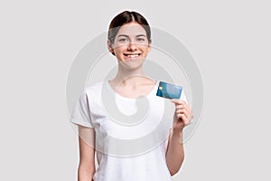 Cashless payment bank service woman credit card
