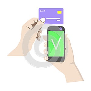 Cashless payment by credit card and mobile Bank, vector illustration photo