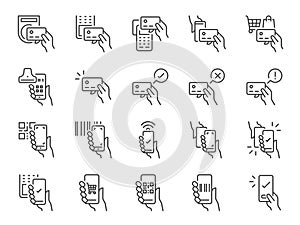 Cashless payment icon set. It included credit card, debit card, mobile app, scan, and more icons. Editable Vector Stroke.