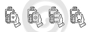 Cashless Payment Transaction with NFC Technology Line Icon. POS Pay Processing Pictogram. Smartphone, Credit Card