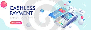 Cashless payment via smartphone isometric abstract banner concept. 3d payment machine, mobile phone with credit card, fingerprint