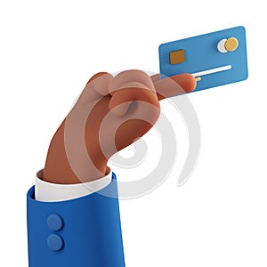 Cashless payments. 3d hand of african american business man giving bank credit card. Using credit card for online