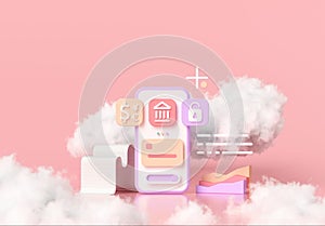 Cashless society, online mobile banking, and secure payment concept 3D cloud render illustration