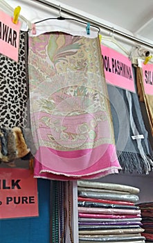 Cashmere scarfs in a shop, India